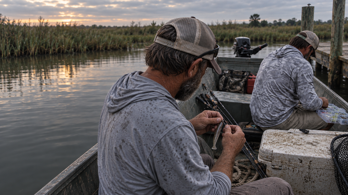 An angler in a weathered fishing boat on a calm, misty lake.