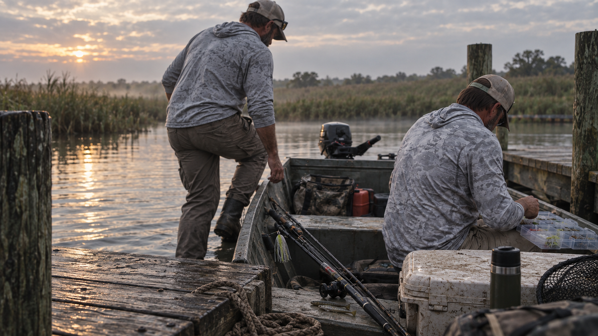 Two friends enjoying a quiet fishing morning on a wooden lake dock.