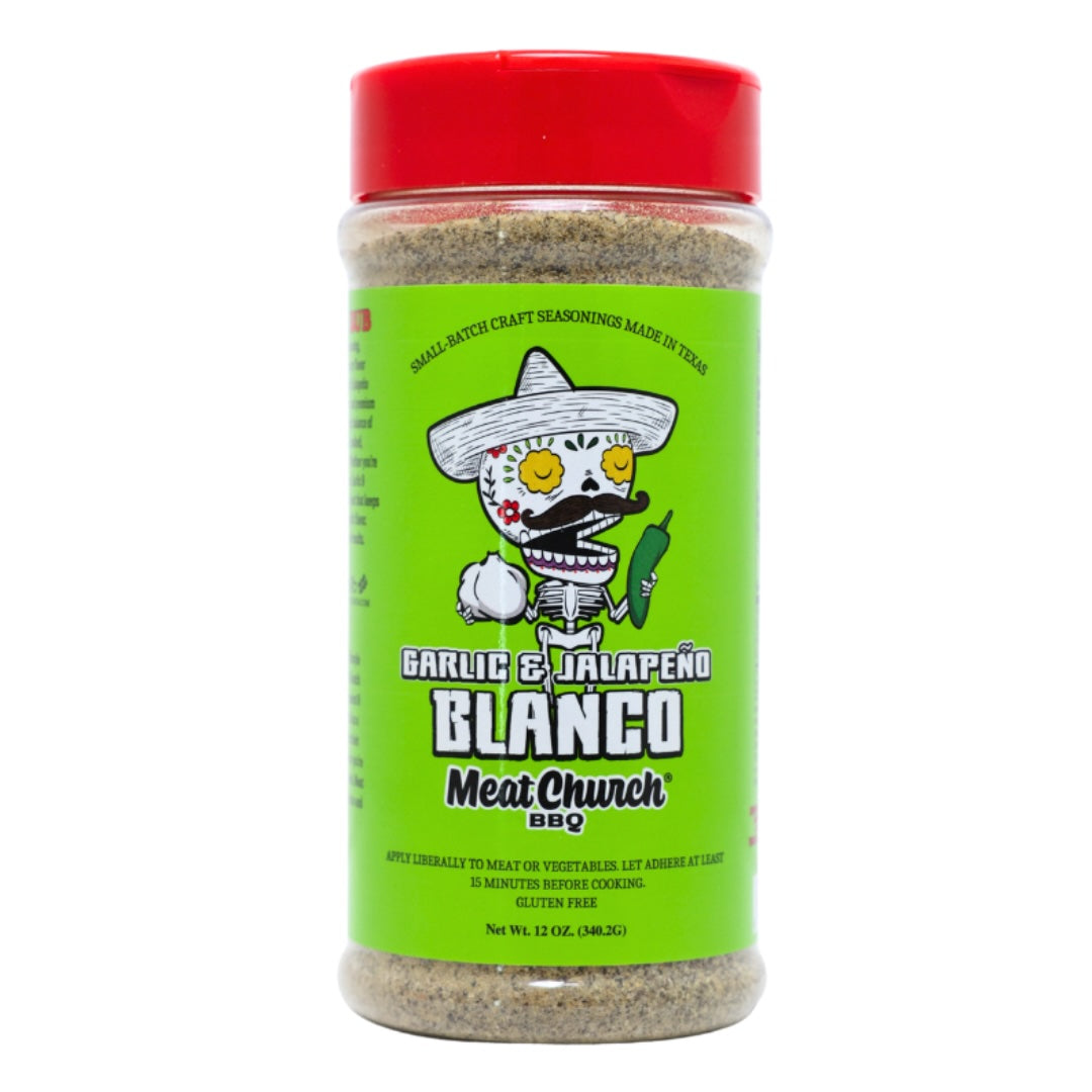Meat Church Garlic & Jalapeño BLANCO seasoning shaker