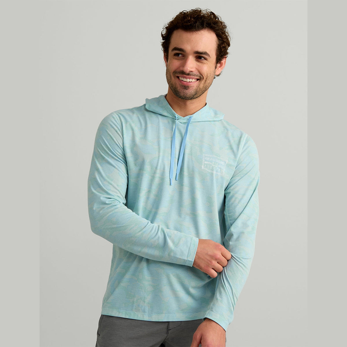 Huk Drift Performance Hooded Long Sleeve Shirt in Heron Blue Camo
