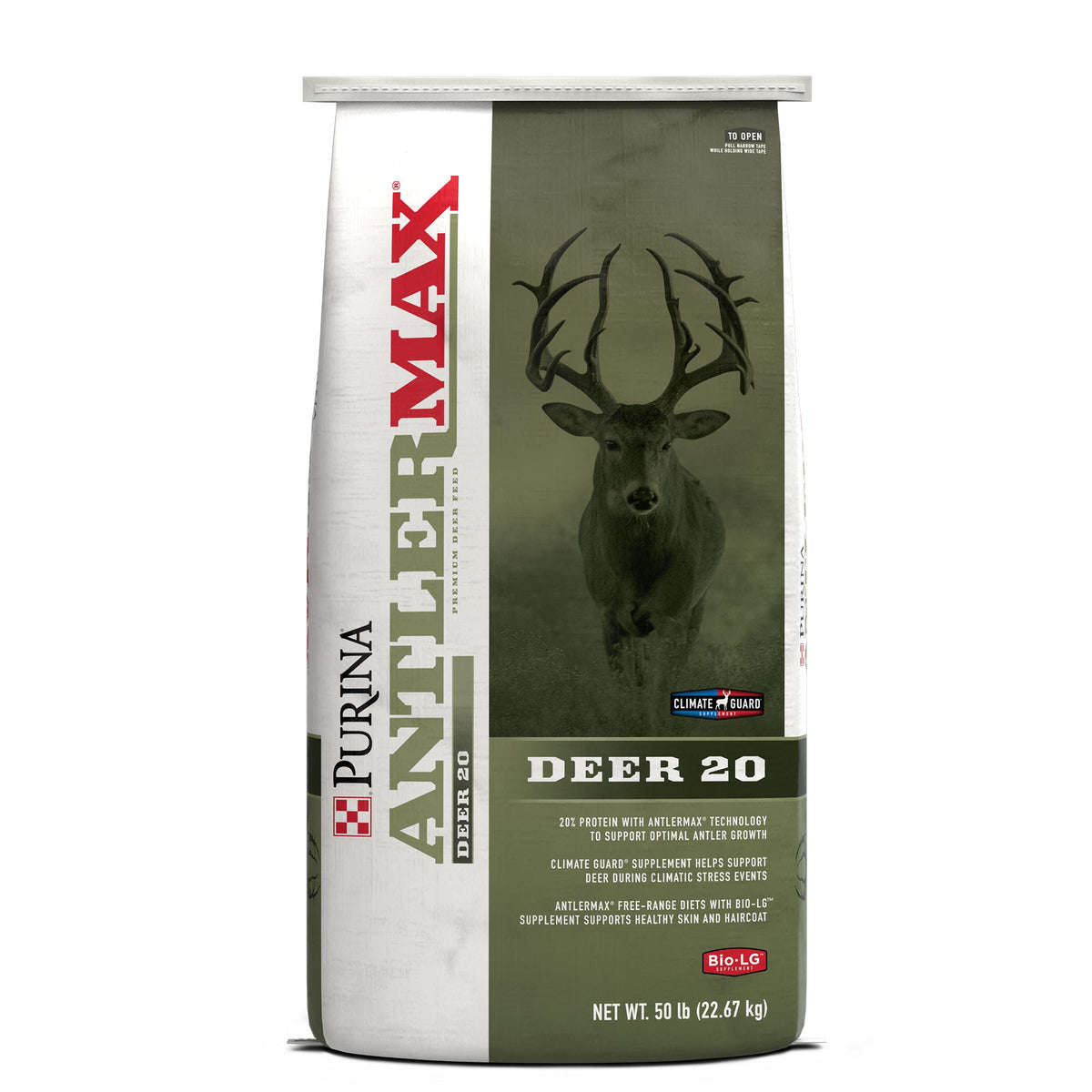 Purina AntlerMax Deer 20 with Climate Guard and Bio-LG 50 lb bag, front