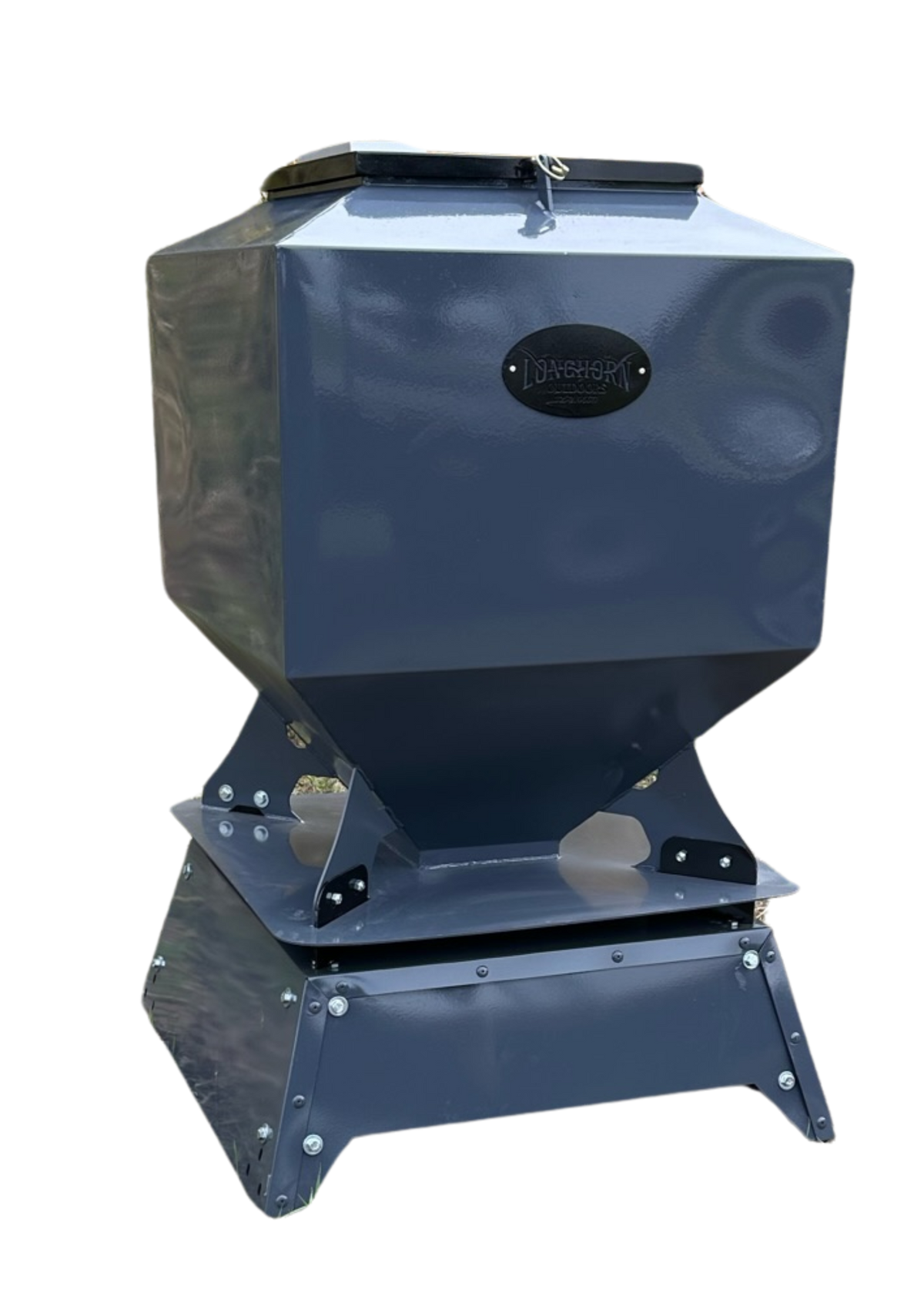 Longhorn Outdoors Magnum 600 lb. stand-and-fill spin feeder on pedestal base