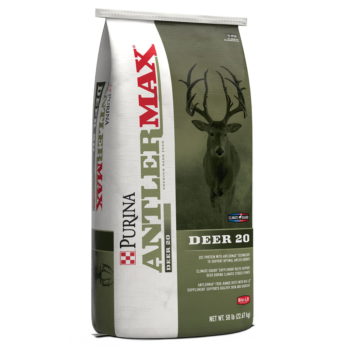 Purina AntlerMax Deer 20 50 lb bag, left angle