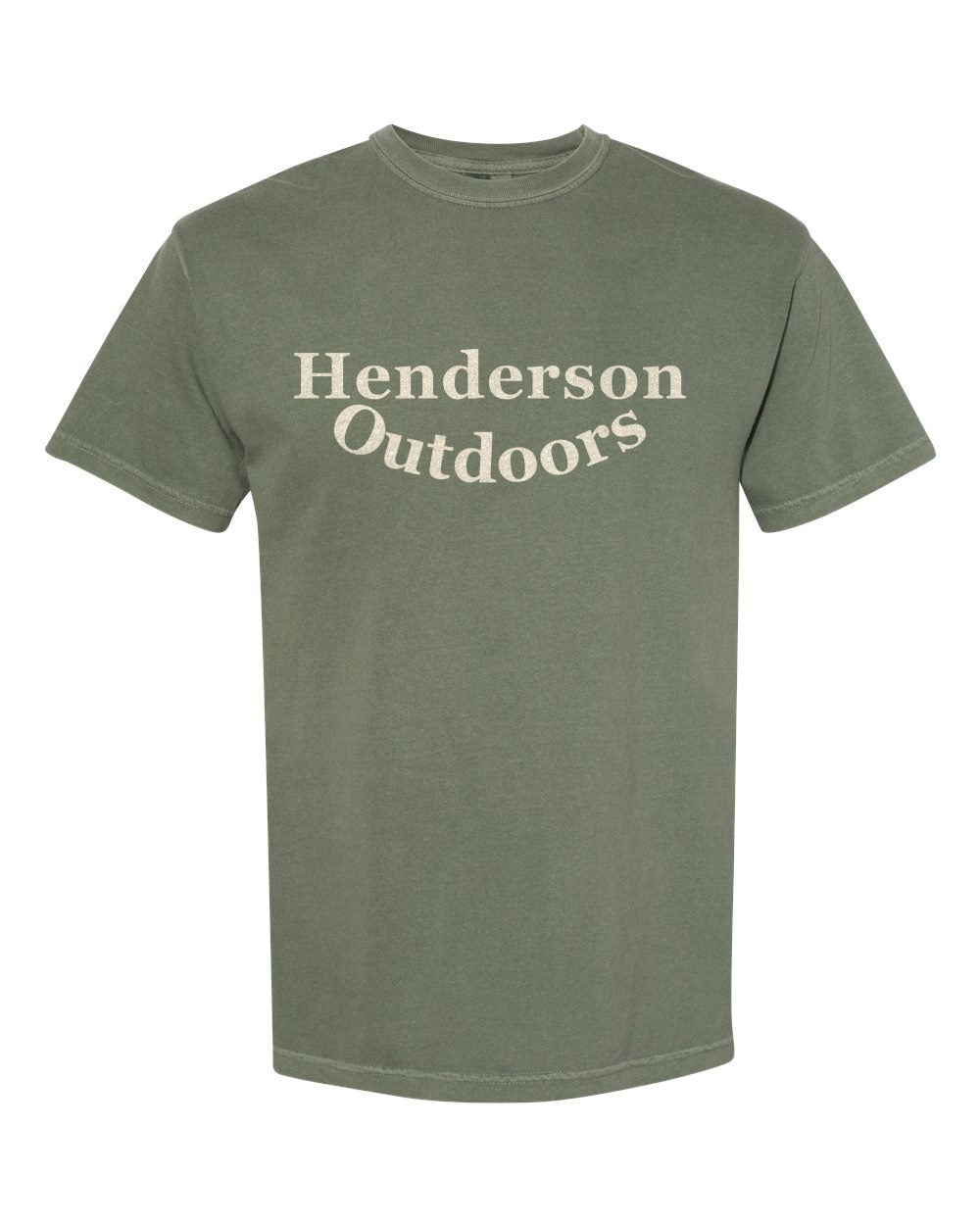 Henderson Outdoors Comfort Colors tee in Moss with Henderson printed across the chest and Outdoors curved underneath