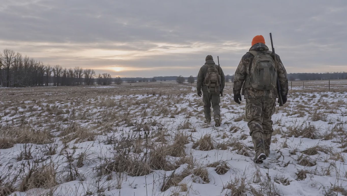 Load video: Two hunters walk across a patchy snow-covered ranch field at dawn.